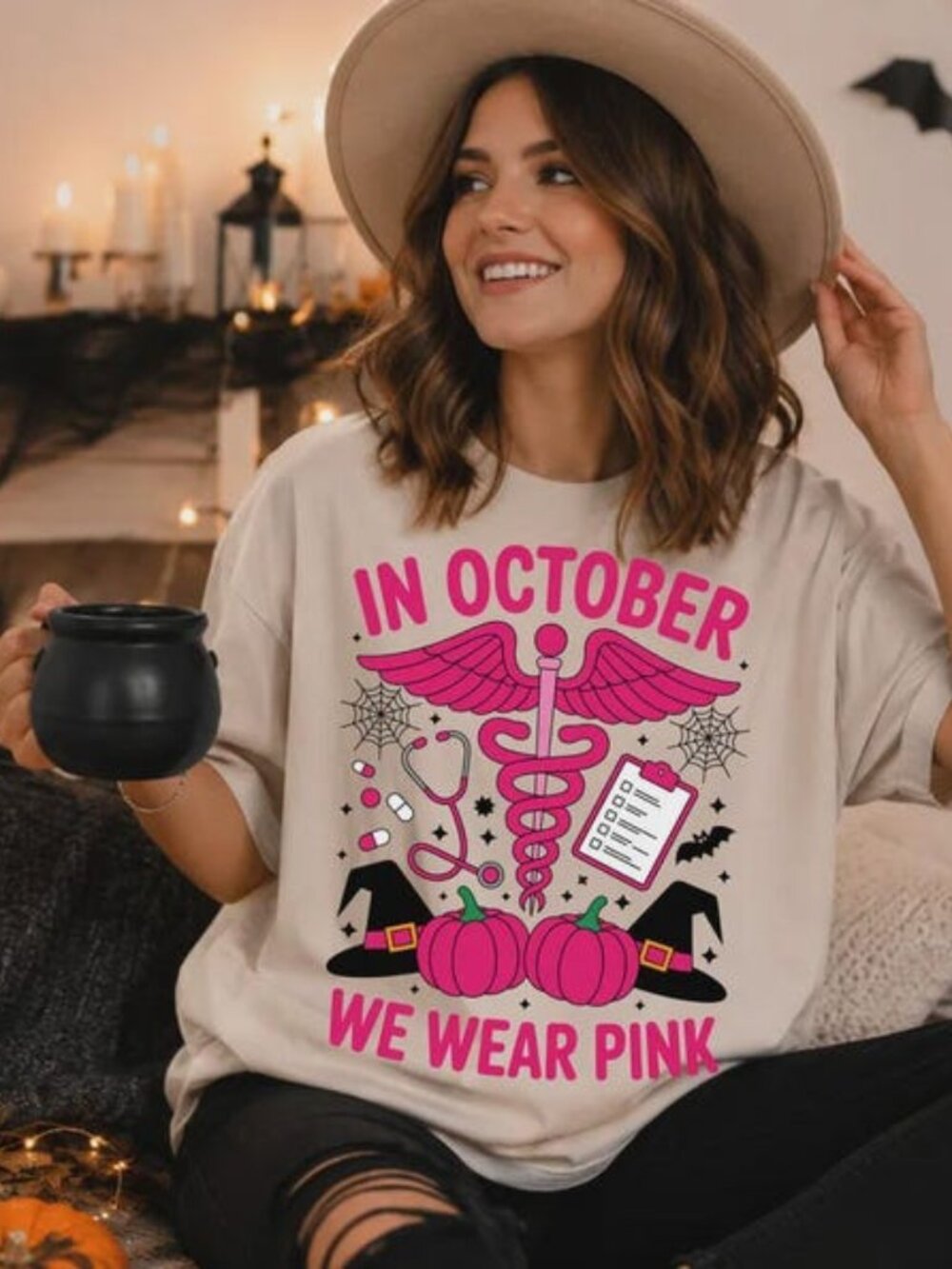 In October We Wear Pink Shirt, Halloween Nurse Breast Cancer Awareness T-Shirt